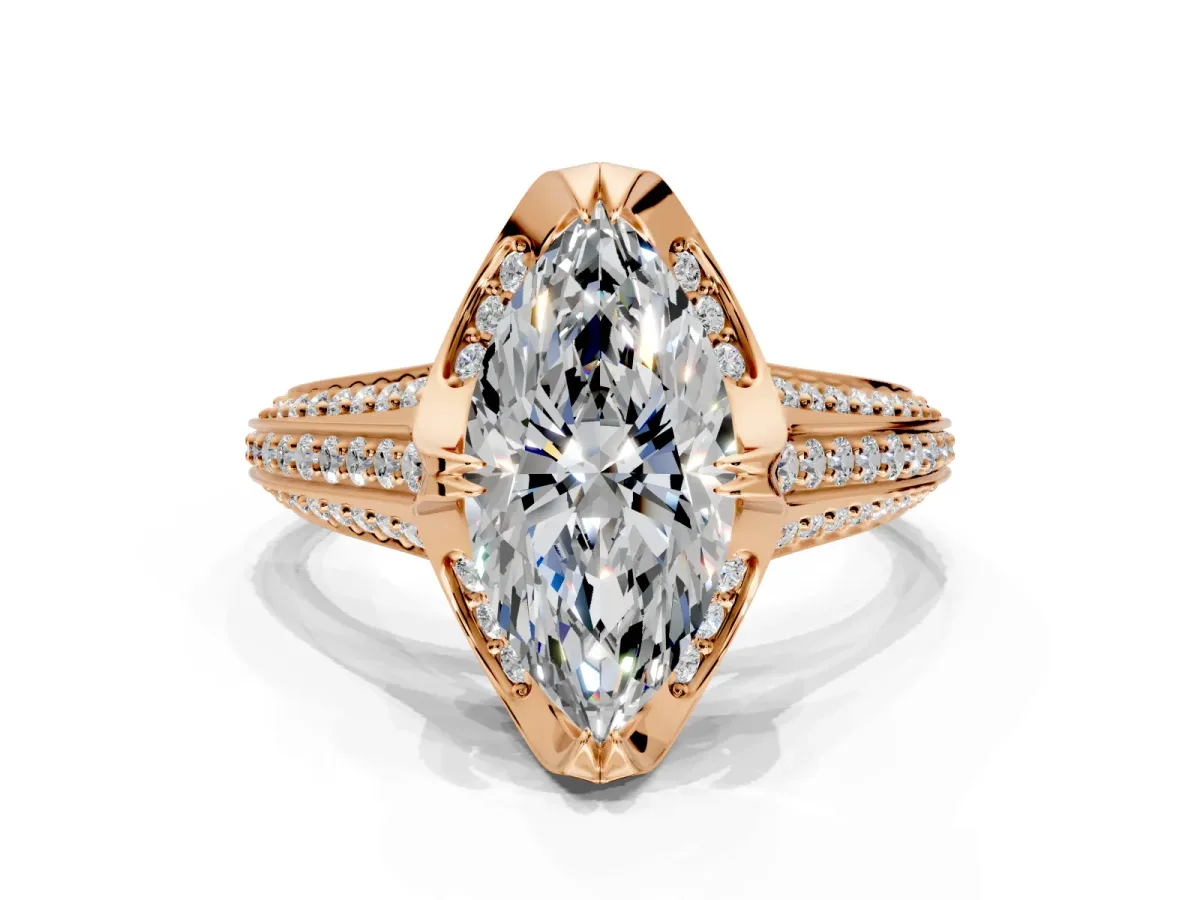 Solitaire Engagement Ring Setting for Marquise Center with Accented Split Shank and Prong Head in Rose Gold