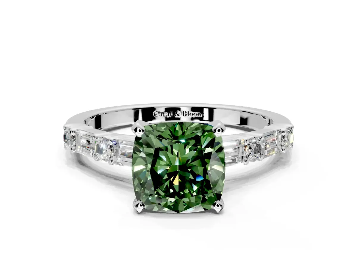Baguette Engagement Ring Setting for Fancy Green Cushion Cut Center with Alternating Bar-Set Band and Prong Head in White Gold