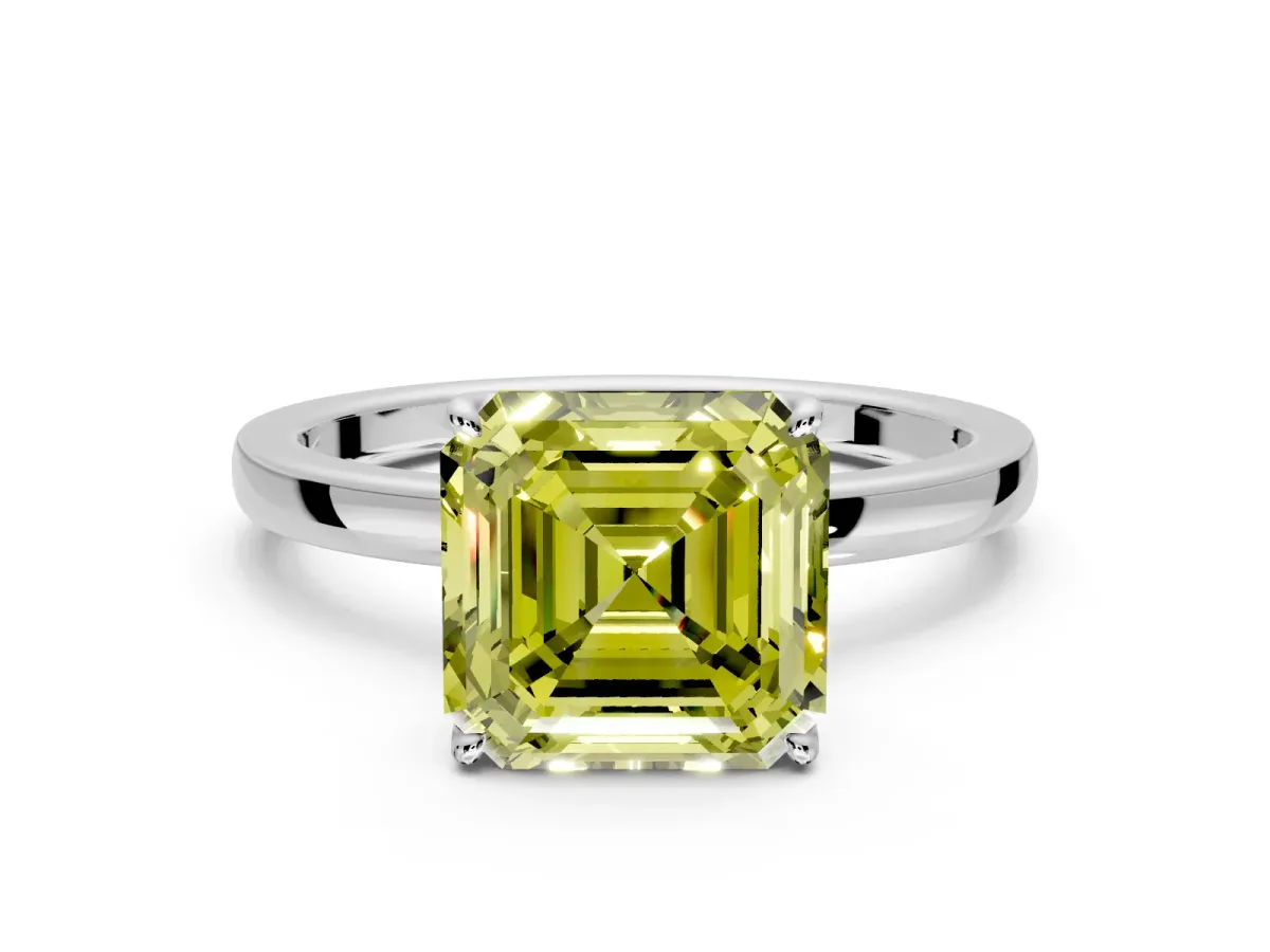 Solitaire Engagement Ring Setting for Fancy Yellow Asscher Cut Center with Thin Rounded Plain Band and Prong Head in White Gold