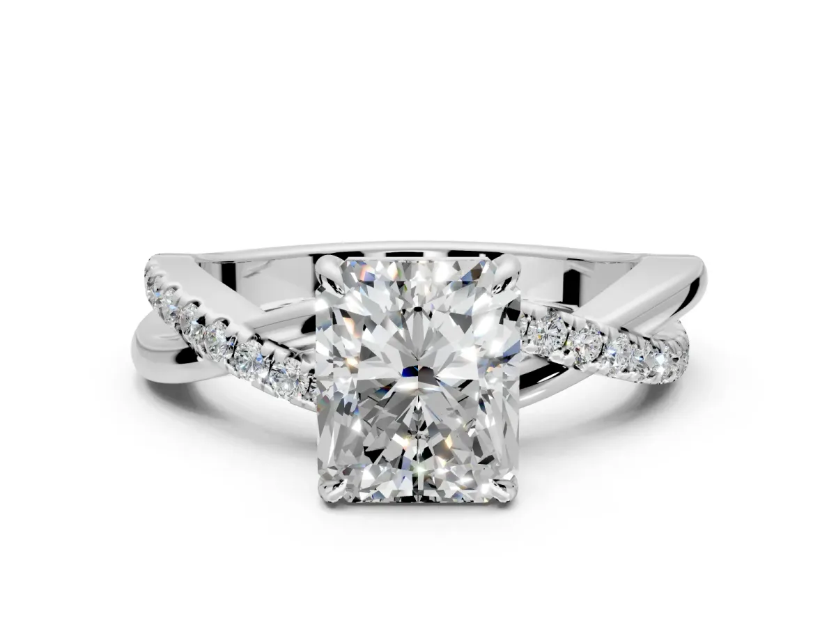 Crossover Engagement Ring Setting for Radiant Cut Center with Pave and Plain Strands and Prong Head in Sterling Silver