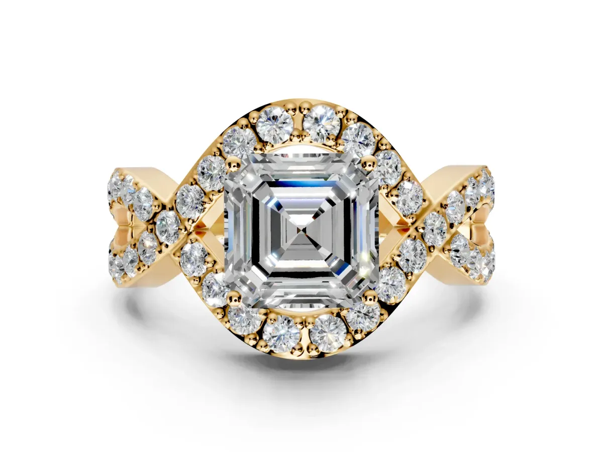 Halo Engagement Ring Setting for Asscher Cut Center with Pave Infinity Twist Band and Prong Head in Yellow Gold