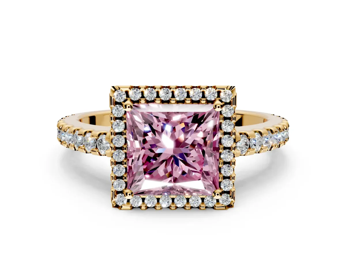 Accent Halo Engagement Ring Setting for Fancy Pink Princess Cut Center with Full-Length Pave Band and Prong Head in Yellow Gold