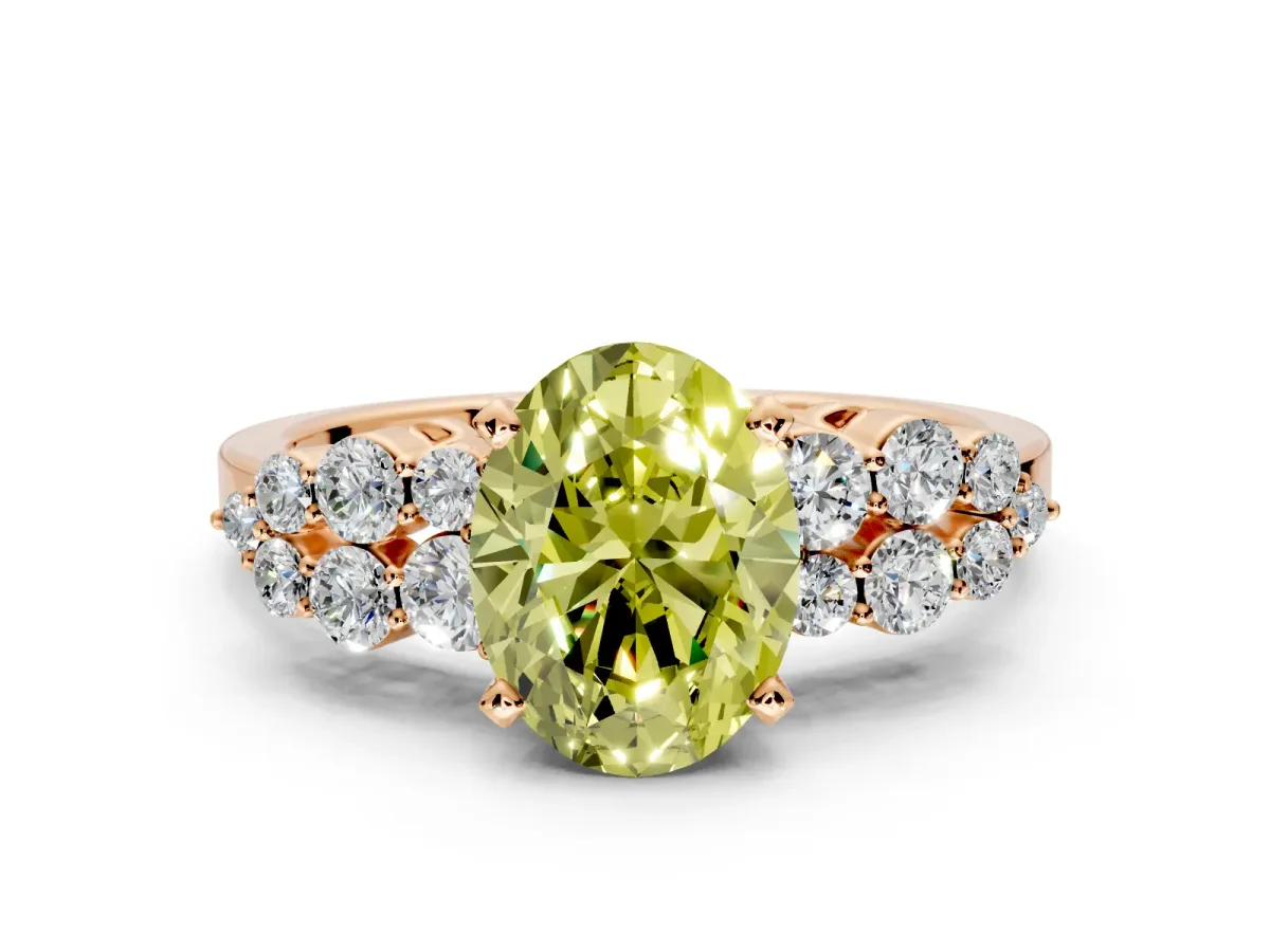 Cluster Engagement Ring Setting for Fancy Yellow Oval Center with 2-Row Shoulder Clusters and Prong Head in Rose Gold