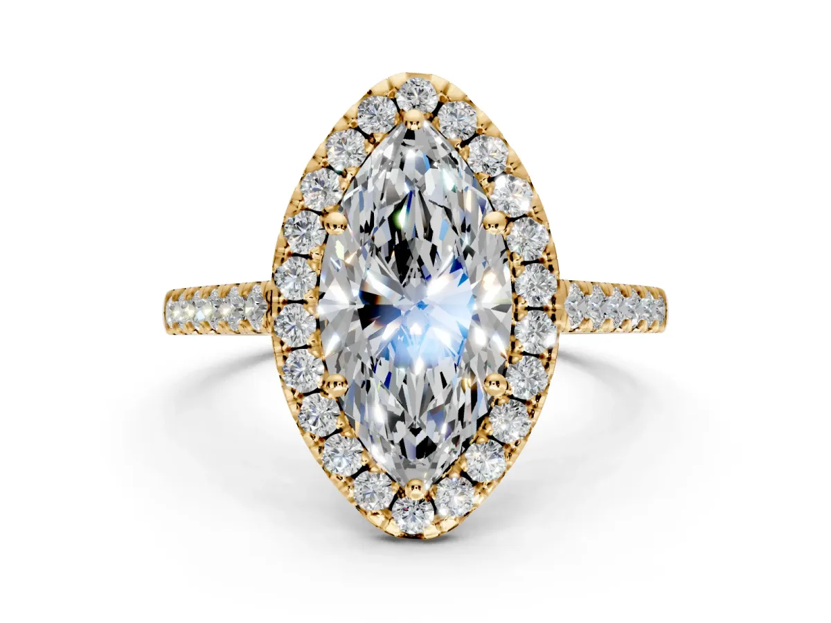Halo Engagement Ring Setting for Marquise Center with Narrowing Pave Band and Prong Head in Yellow Gold