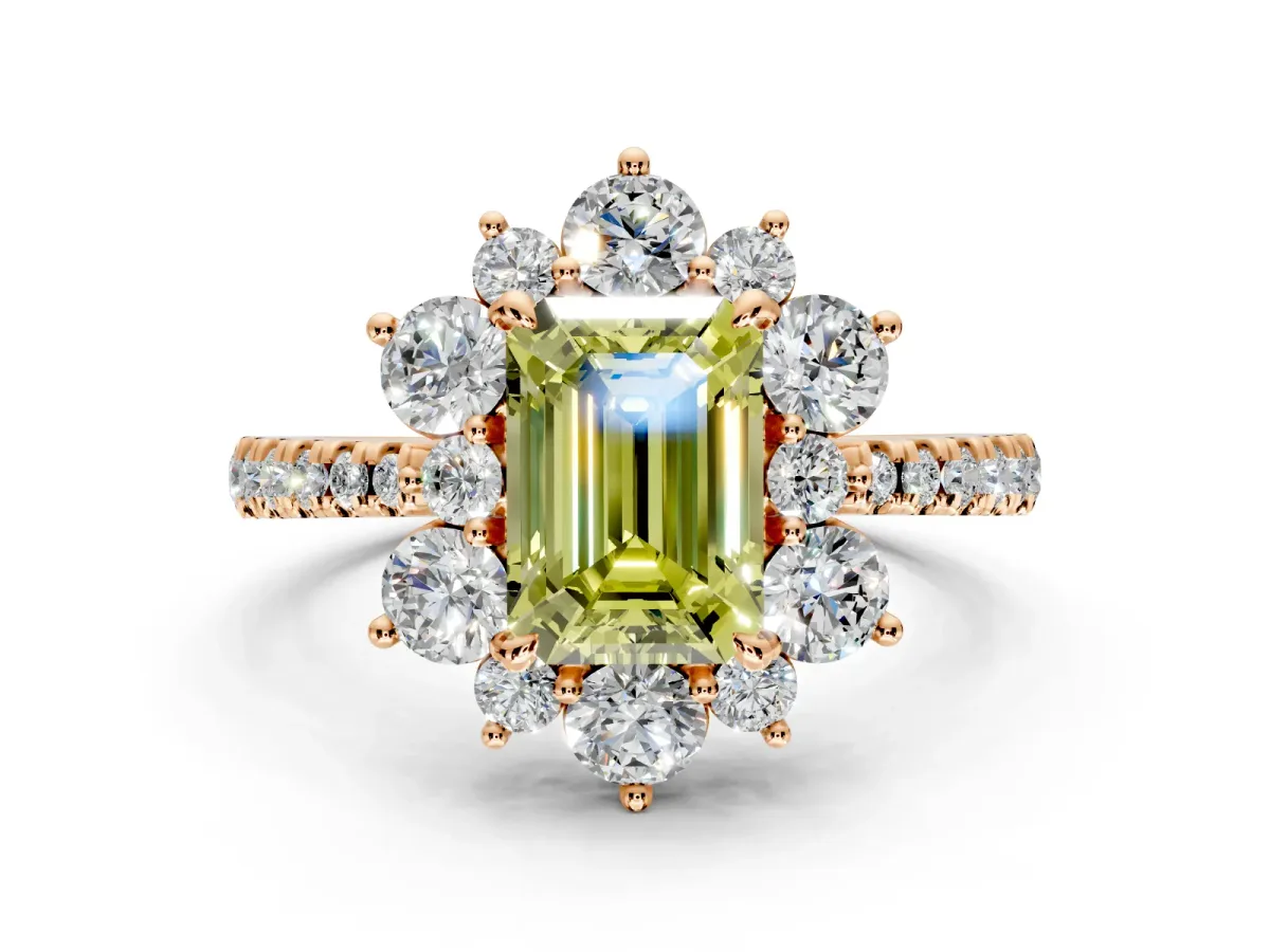 Floral Halo Engagement Ring Setting for Fancy Yellow Emerald Cut Center with Pave Accents and Prong Head in Rose Gold