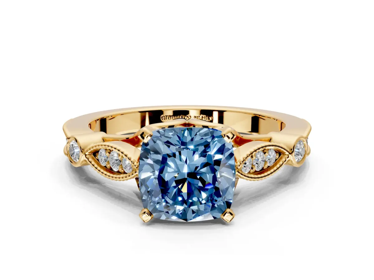 Solitaire Engagement Ring Setting for Fancy Blue Cushion Cut Center with Marquise and Bezel Accents and Prong Head in Yellow Gold