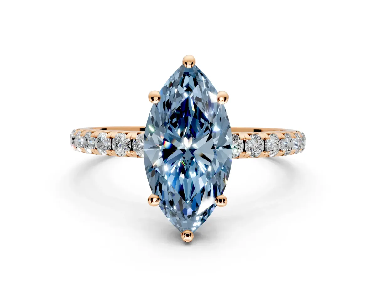 Solitaire Engagement Ring Setting for Fancy Blue Marquise Center with Micro Pave Band and Prong Head in Rose Gold