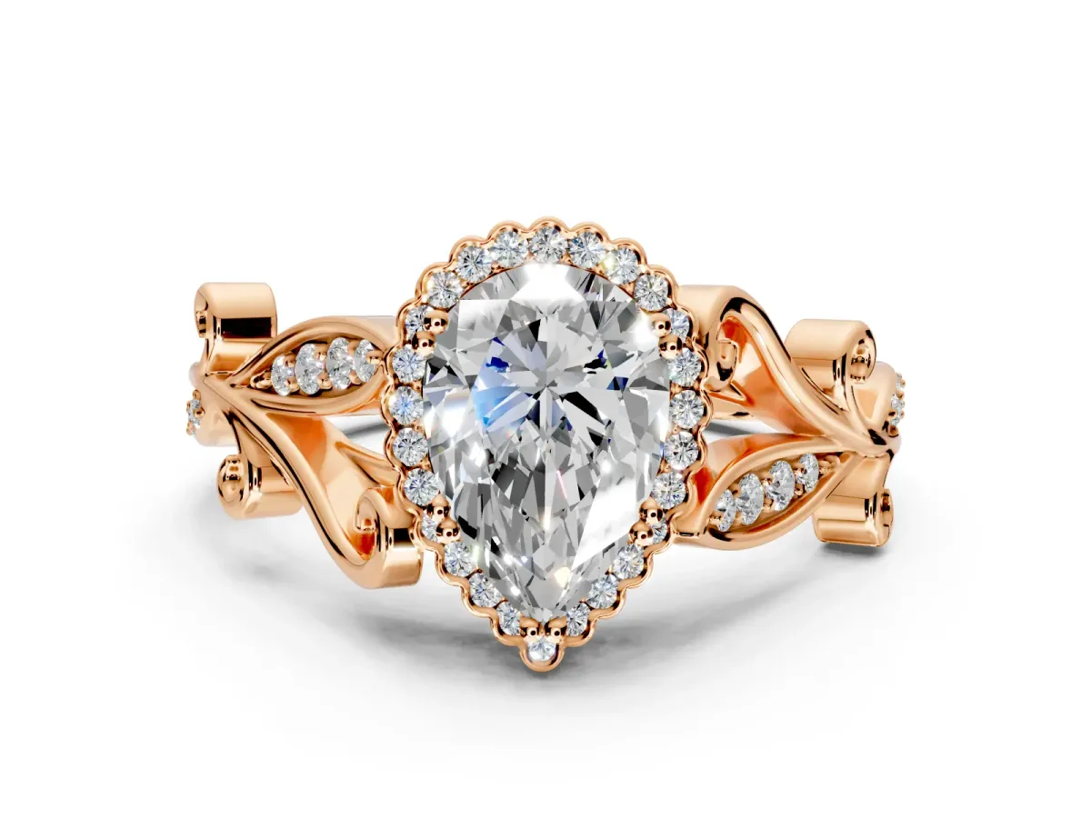 Halo Engagement Ring Setting for Pear-Shaped Center with Leaf Motif Split Shank and Prong Head in Rose Gold