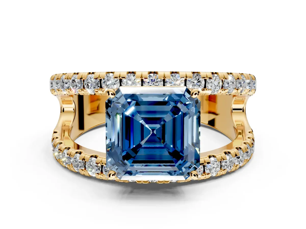 Solitaire Engagement Ring Setting for Fancy Blue Asscher Cut Center with Wide-Open Split Shank and Prong Head in Yellow Gold