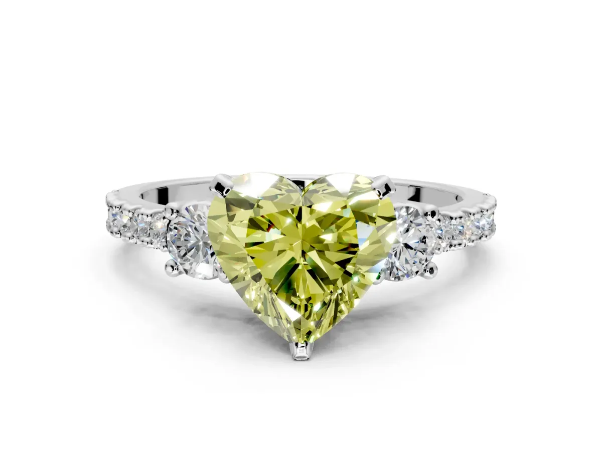 3 Stone Engagement Ring Setting for Fancy Yellow Heart-Shaped Center with Round Cut Side Accents and Prong Head in White Gold