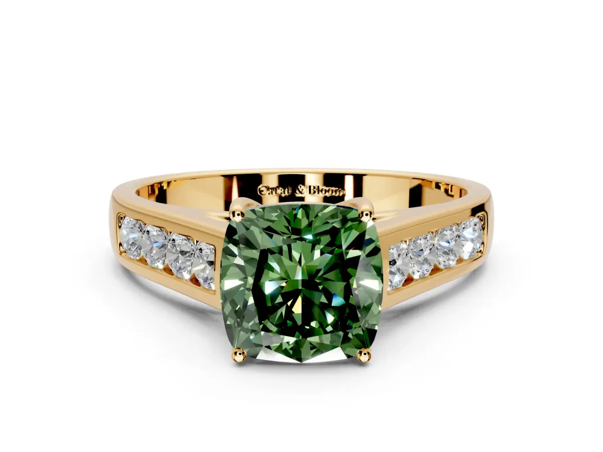 Solitaire Engagement Ring Setting for Fancy Green Cushion Cut Center with Round Cut Channel Band and Prong Head in Yellow Gold