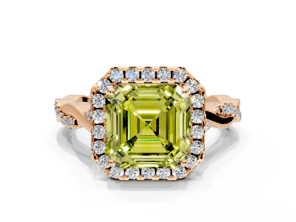 Halo Engagement Ring Setting for Fancy Yellow Asscher Cut Center with Twist Band and Prong Head in Rose Gold