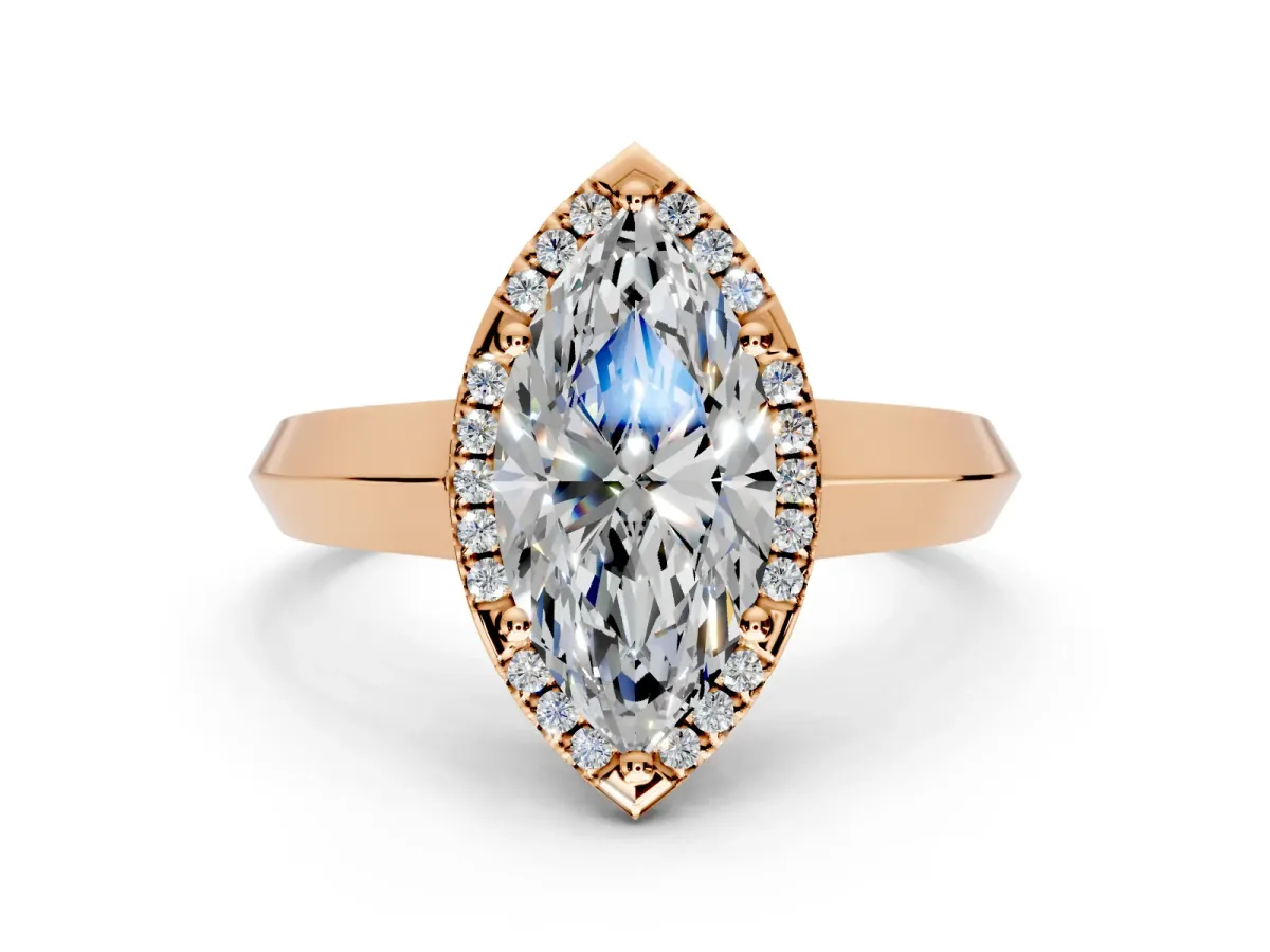 Halo Engagement Ring Setting for Marquise Center with Knife Ridge Cathedral Band and Prong Head in Rose Gold