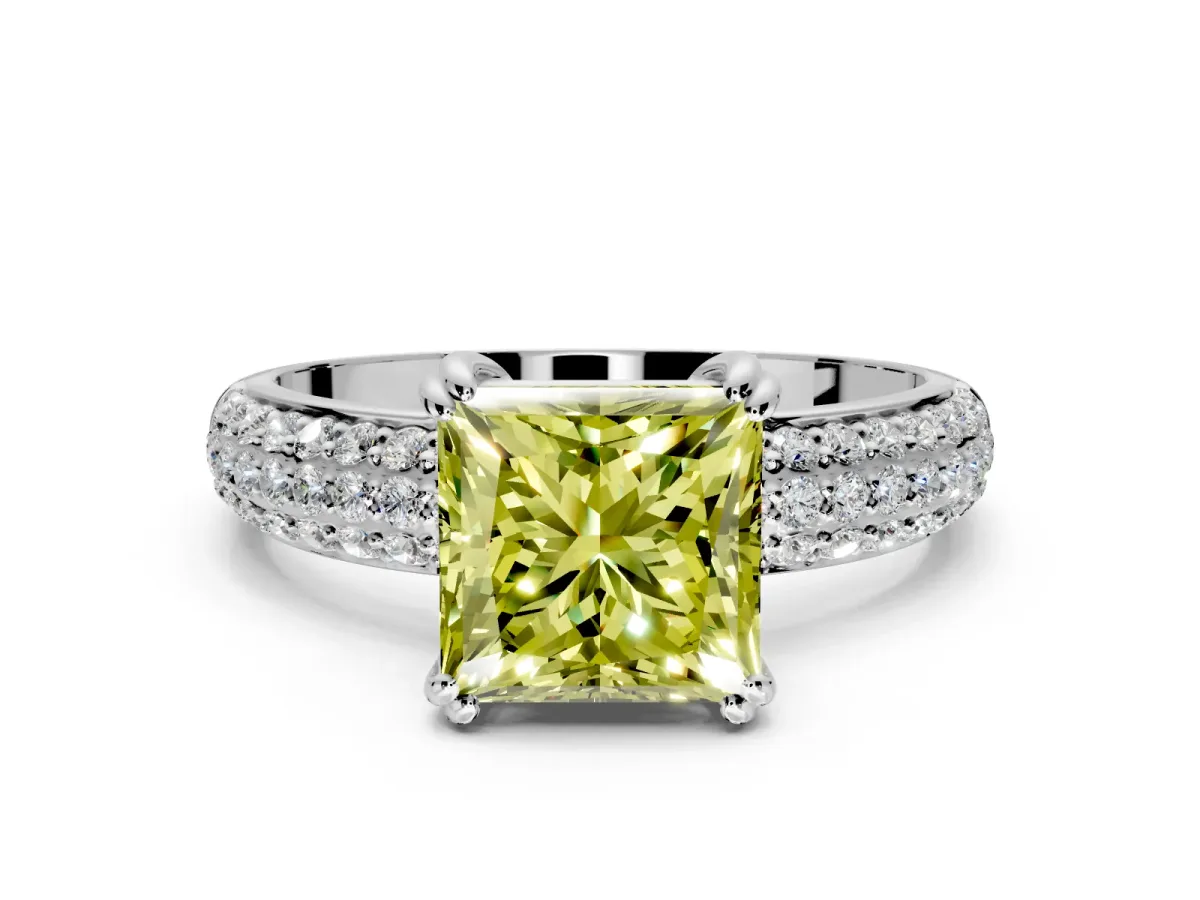 Solitaire Engagement Ring Setting for Fancy Yellow Princess Cut Center with Multi-Row Pave Accents and Basket Head in Sterling Silver