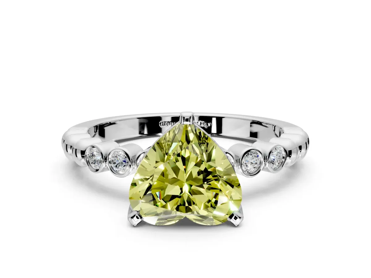 Solitaire Engagement Ring Setting for Fancy Yellow Heart-Shaped Center with Bezel-Dot Beaded Band and Prong Head in Platinum