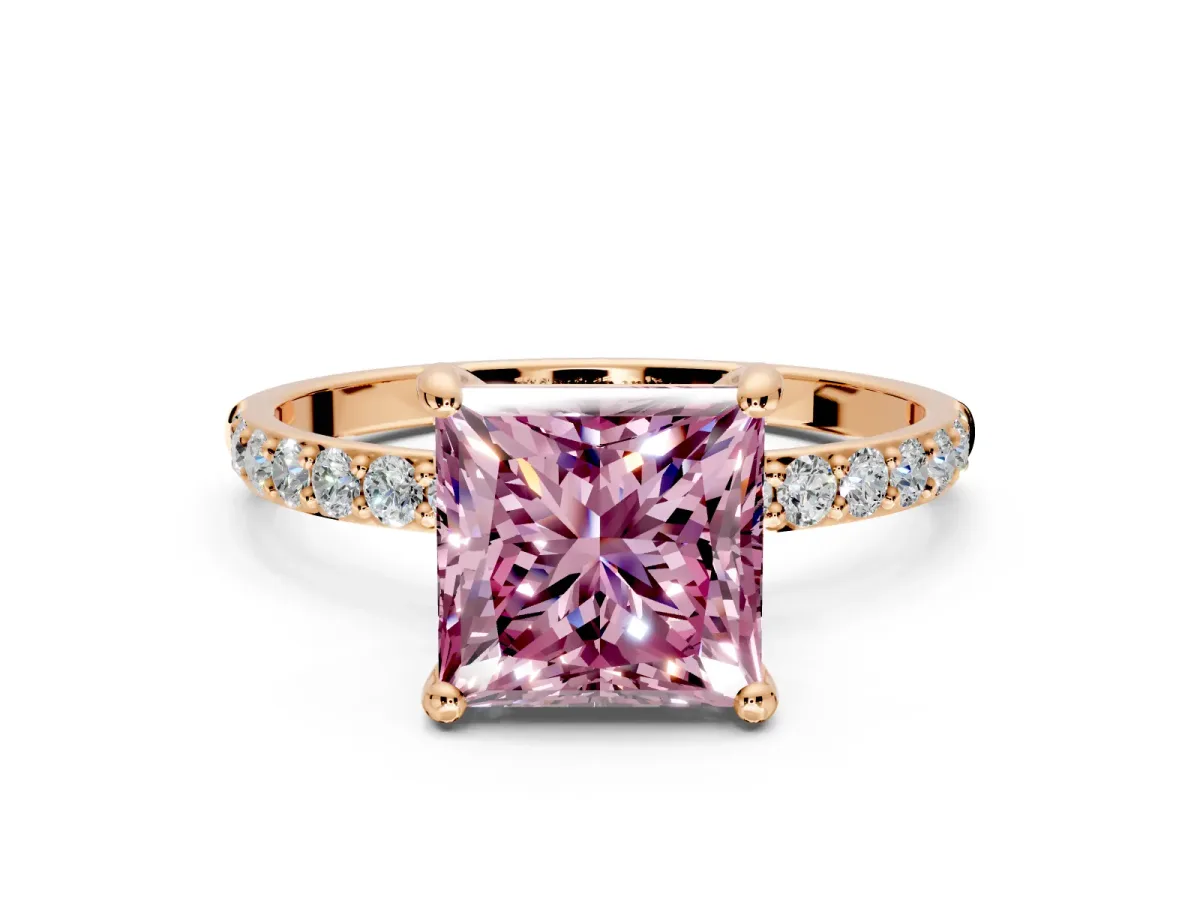 Solitaire Engagement Ring Setting for Fancy Pink Princess Cut Center with Pave Accents and Prong Head in Rose Gold