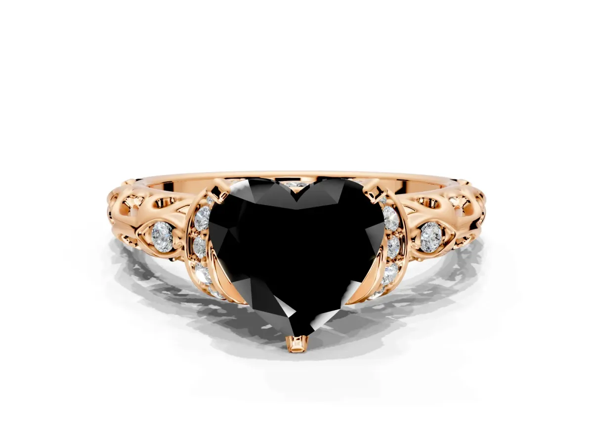 Solitaire Engagement Ring Setting for Fancy Black Heart-Shaped Center with Filigree Band and Prong Head in Rose Gold