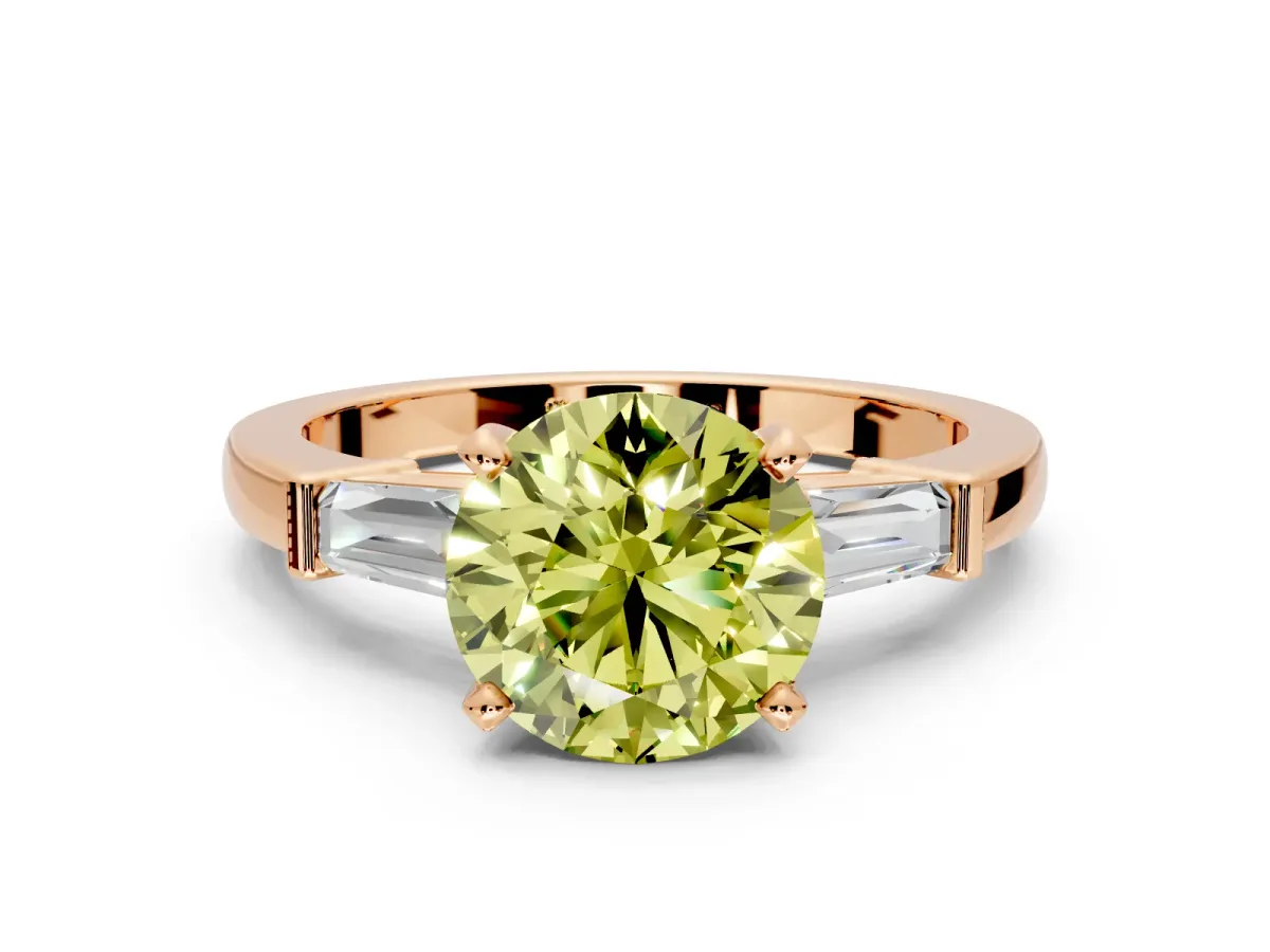 3 Stone Engagement Ring Setting for Fancy Yellow Round Cut Center with Channel Baguette Accents and Prong Head in Rose Gold