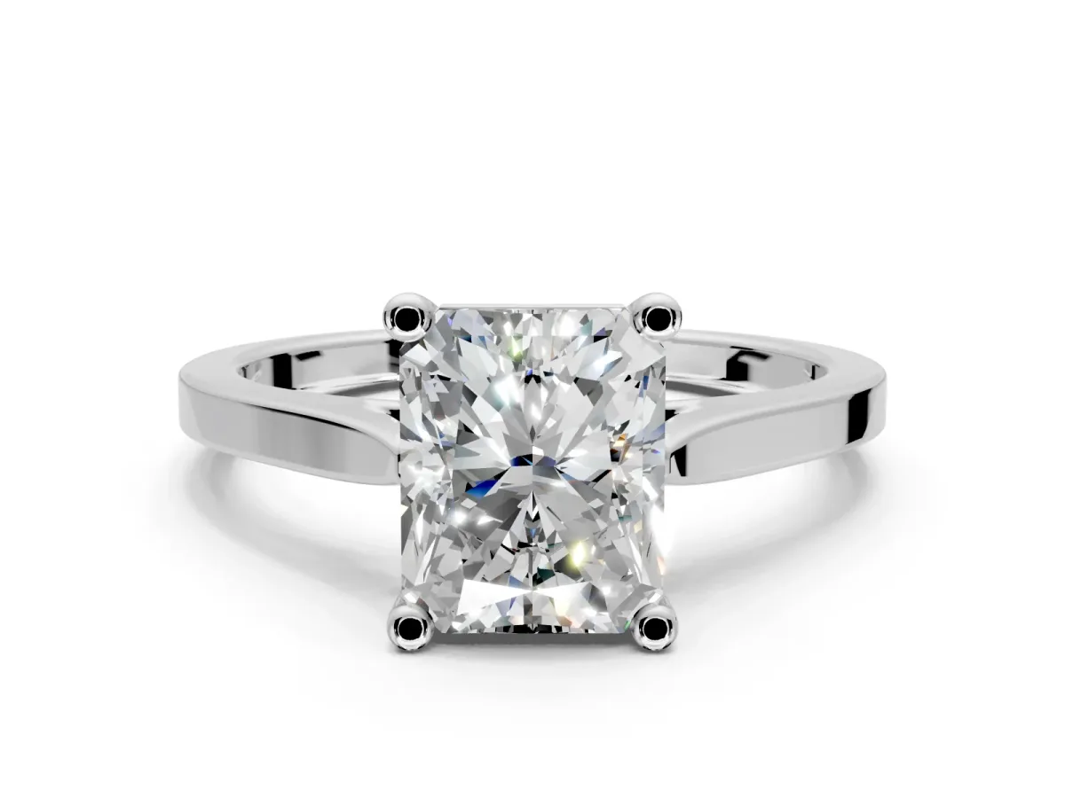 Solitaire Engagement Ring Setting for Radiant Cut Center with Tapered Shoulders and Prong Head in Platinum
