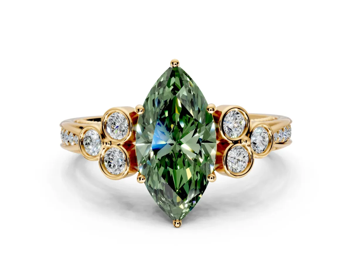 Cluster Engagement Ring Setting for Fancy Green Marquise Center with Bezel Accent Clusters and Prong Head in Yellow Gold
