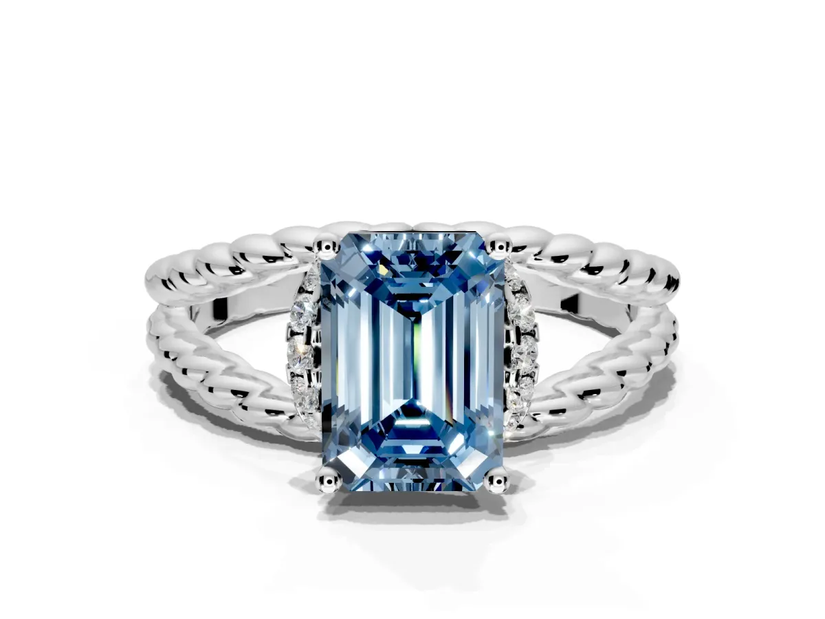 Halo Engagement Ring Setting for Fancy Blue Emerald Cut Center with Rope Twist Split Shank and Prong Head in Platinum