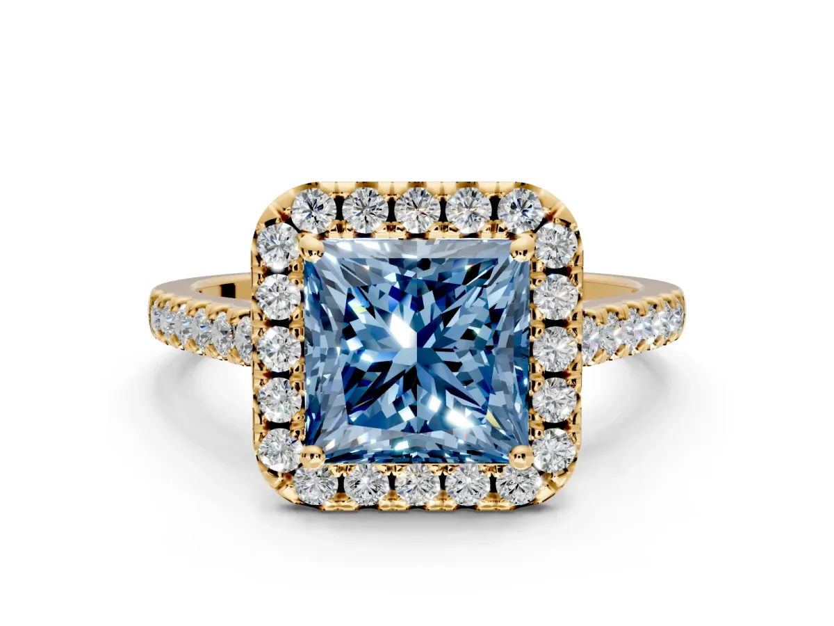 Halo Engagement Ring Setting for Fancy Blue Princess Cut Center with Raised Halo, Pave Band and Prong Head in Yellow Gold