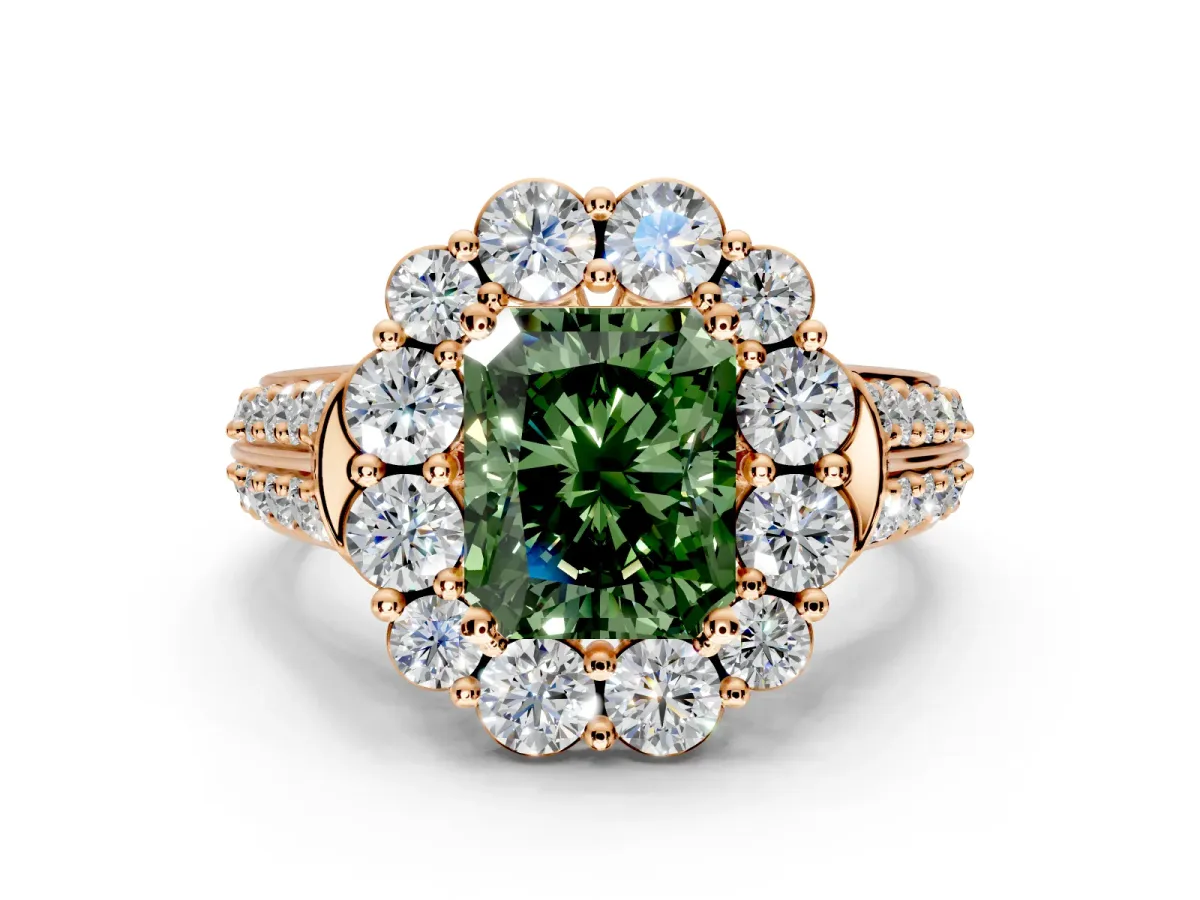 Large Accent Halo Engagement Ring Setting for Fancy Green Radiant Cut Center with Pave Split Shank and Prong Head in Rose Gold