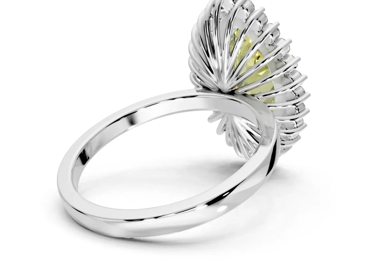 Halo Engagement Ring Setting for Fancy Yellow Marquise Center with Milgrain Bezel Rim, Plain Band and Prong Head in White Gold