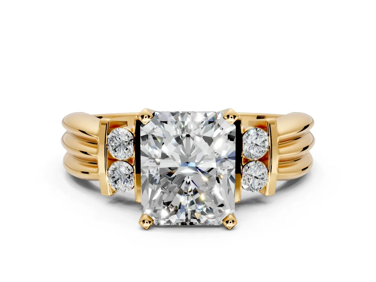 Solitaire Engagement Ring Setting for Radiant Cut Center with Grooved Bar Accent Band and Prong Head in Yellow Gold