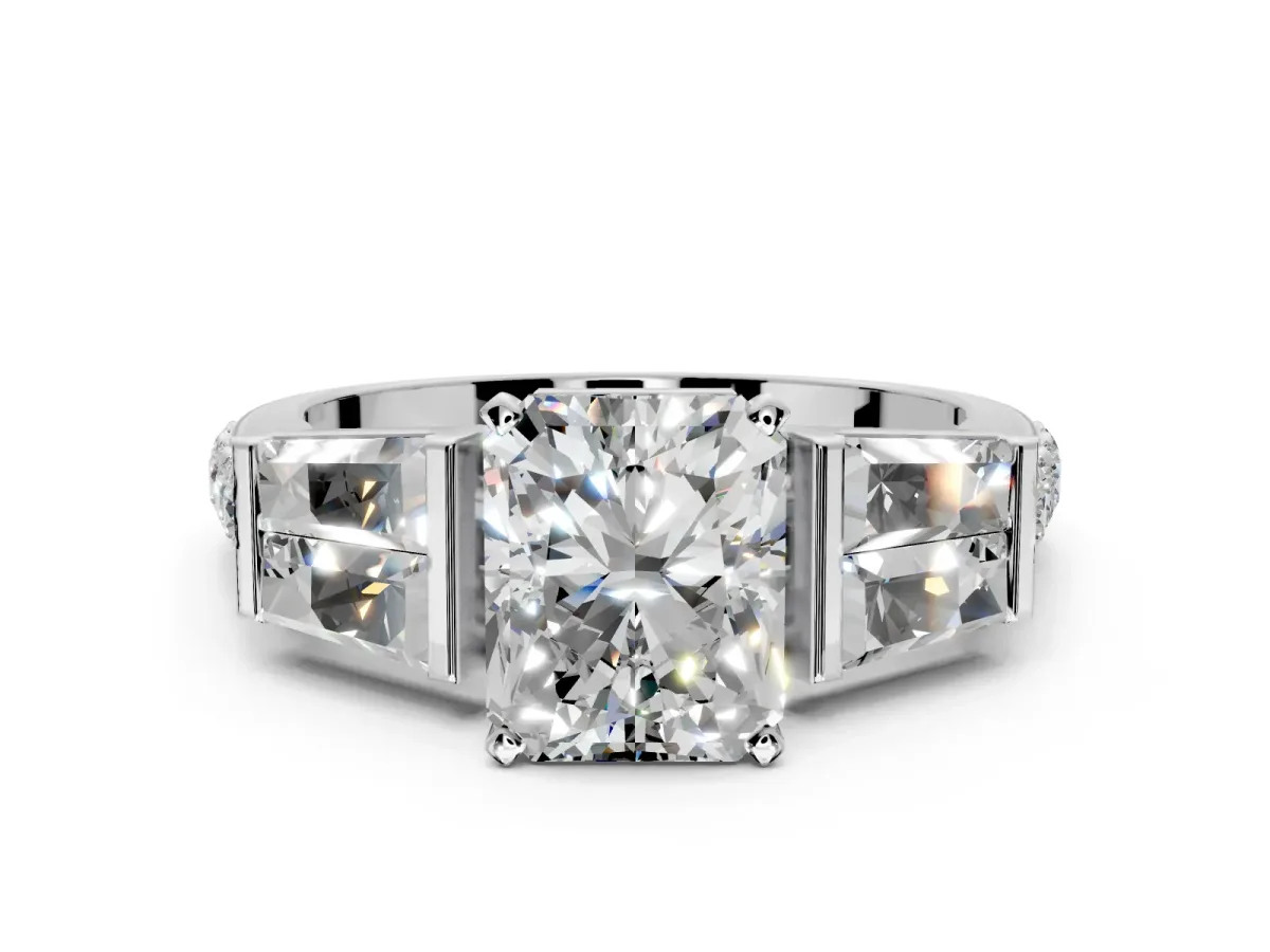 Channel-Set Engagement Ring Setting for Radiant Cut Center with Baguette Band and Prong Head in White Gold