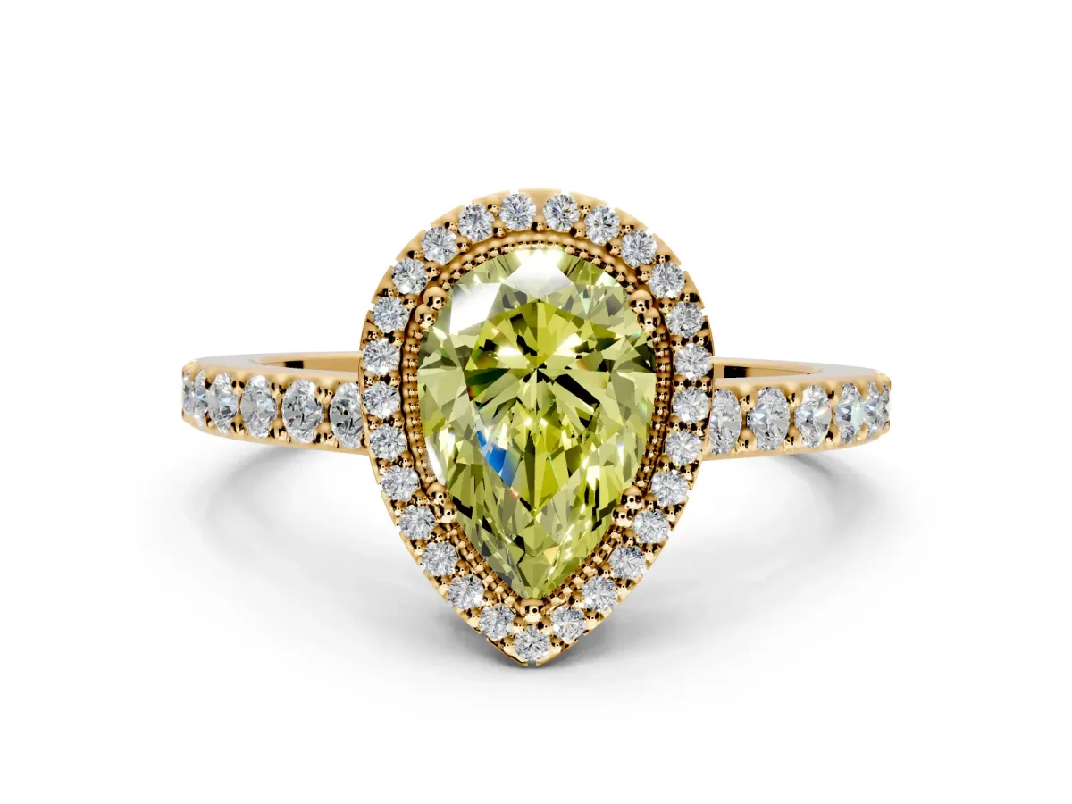 Halo Engagement Ring Setting for Fancy Yellow Pear-Shaped Center with Inner Milgrain Border and Prong Head in Yellow Gold