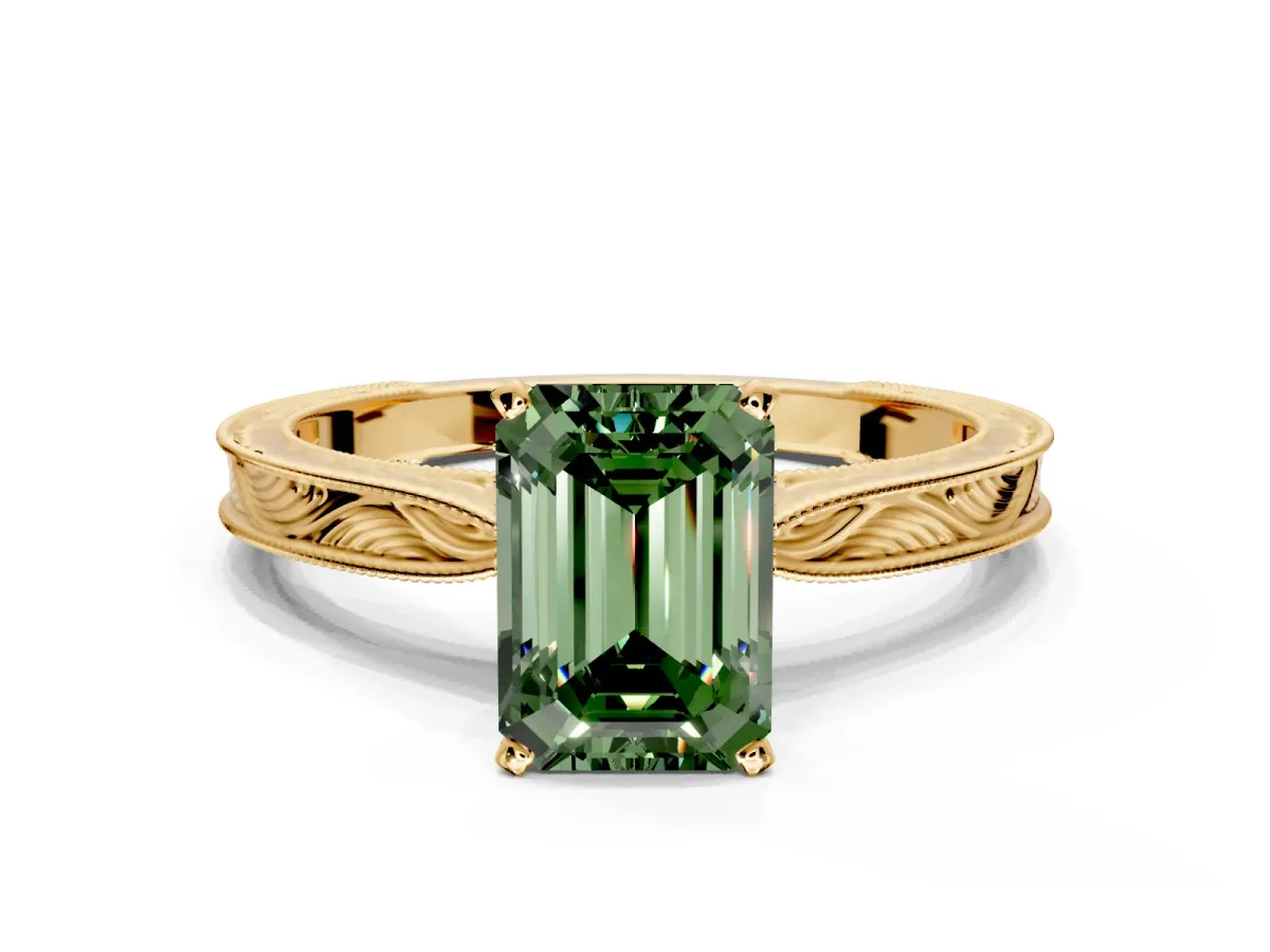 Solitaire Engagement Ring Setting for Fancy Green Emerald Cut Center with Engraved Milgrain Band and Prong Head in Yellow Gold