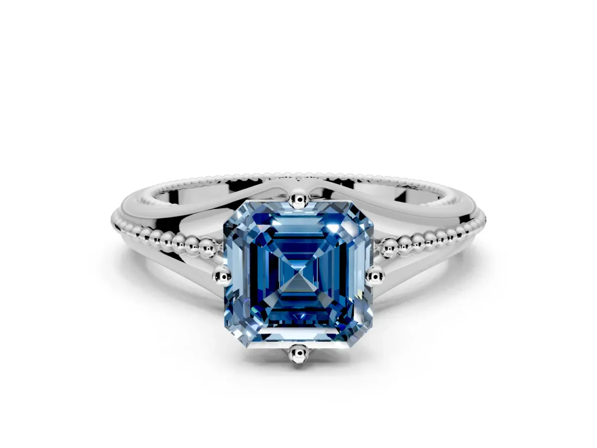 Solitaire Engagement Ring Setting for Fancy Blue Asscher Cut Center with Milgrain Cathedral Band and Prong Head in Platinum