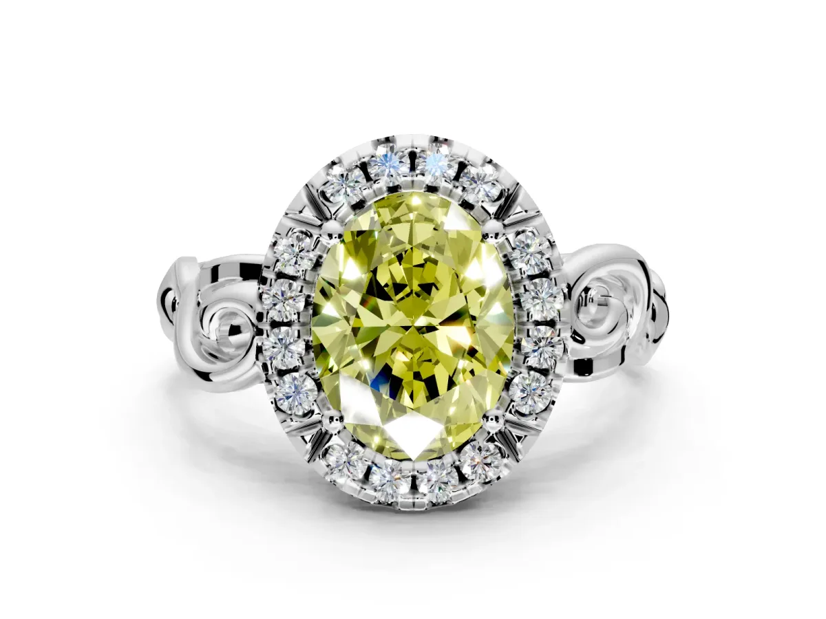 Halo Engagement Ring Setting for Fancy Yellow Oval Center with Open Scroll Shoulders and Prong Head in White Gold