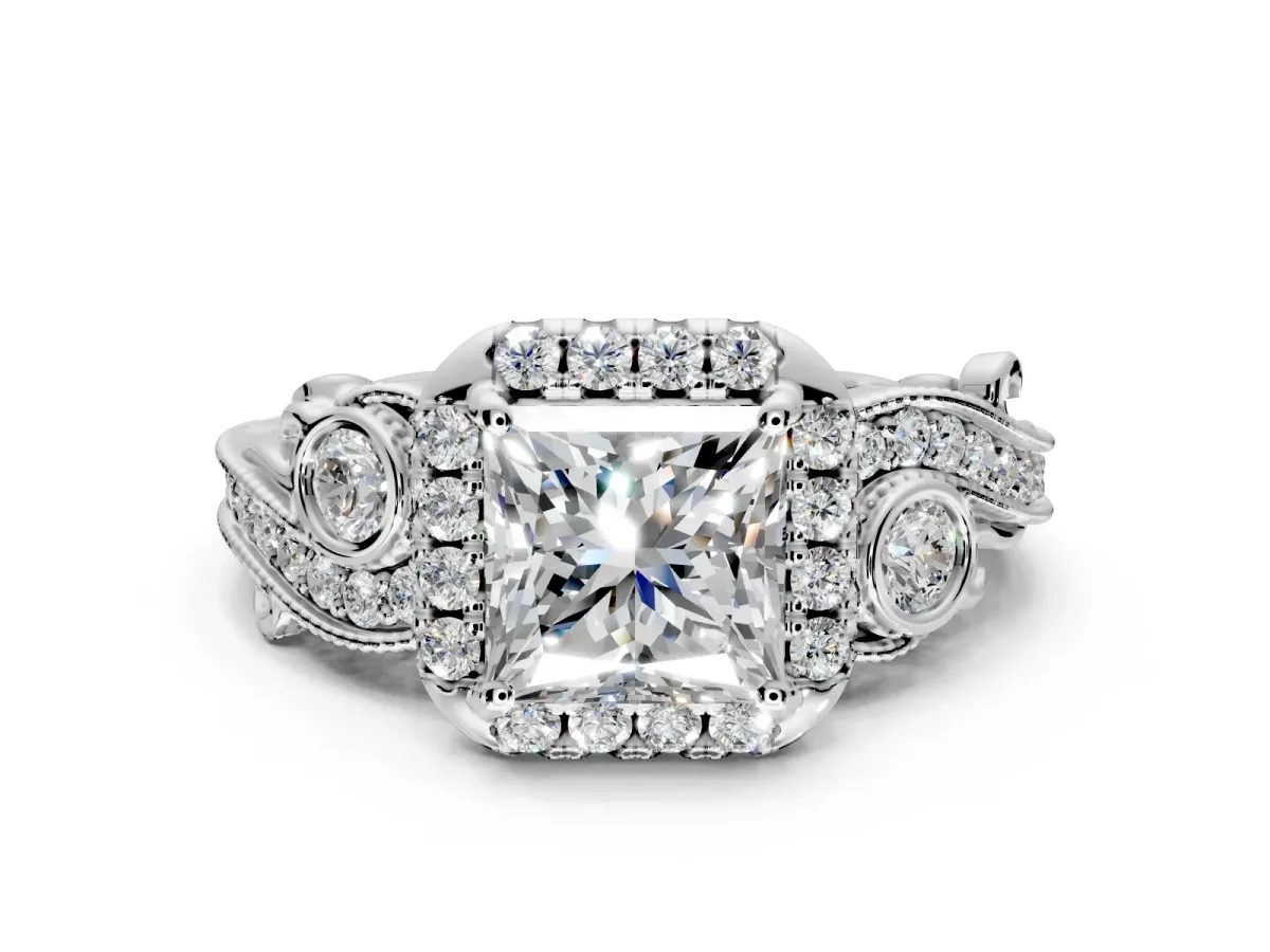 Bypass Halo Engagement Ring Setting for Princess Cut Center with Bezel Accents, Milgrain and Prong Head in White Gold