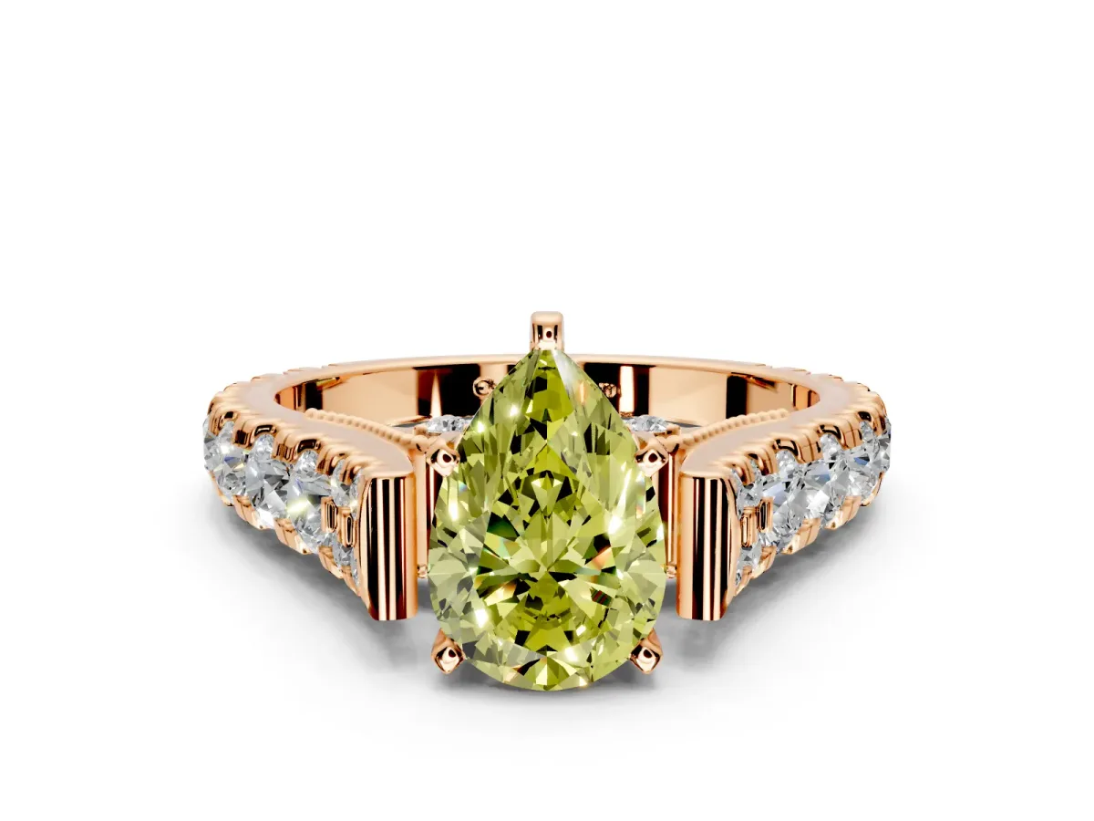 Solitaire Engagement Ring Setting for Fancy Yellow Pear-Shaped Center with Pave Cathedral Shoulders and Prong Head in Rose Gold