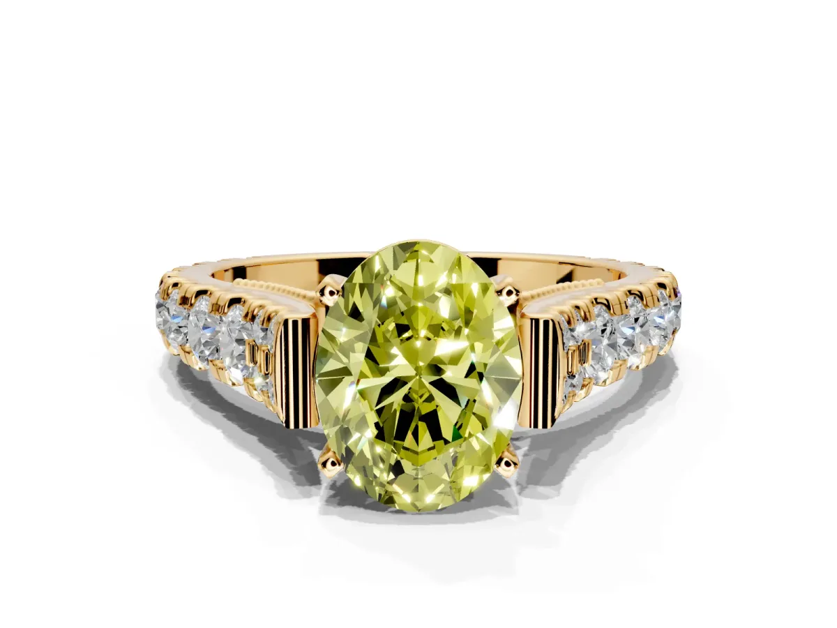 Solitaire Engagement Ring Setting for Fancy Yellow Oval Center with Pave Cathedral Shoulders and Prong Head in Yellow Gold