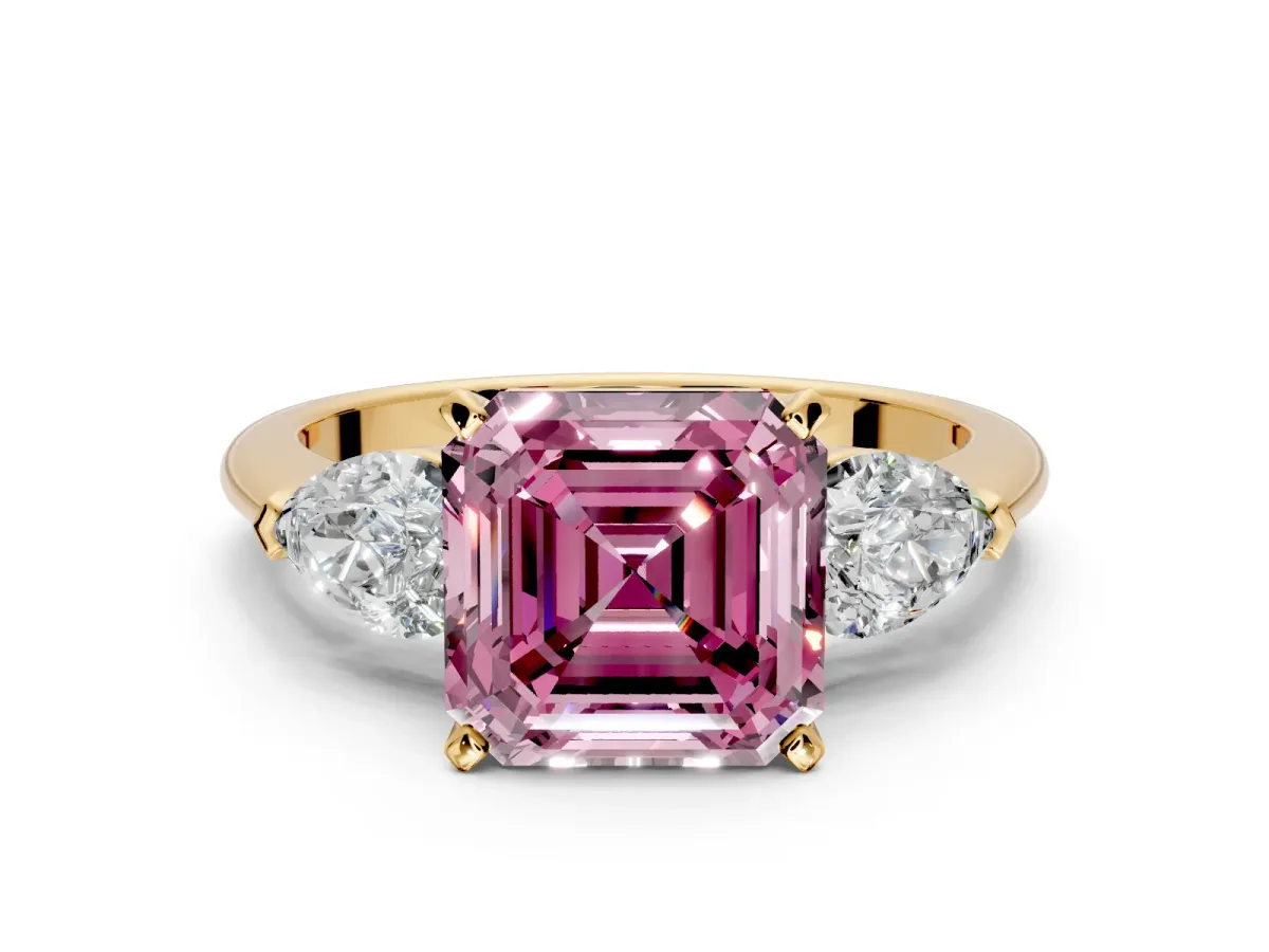 3 Stone Engagement Ring Setting for Fancy Pink Asscher Cut Center with Large Pear-Shaped Accents and Prong Head in Yellow Gold