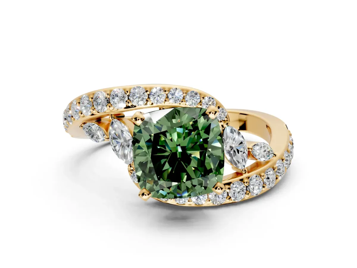 Solitaire Engagement Ring Setting for Fancy Green Cushion Cut Center with Filigree Band and Prong Head in Yellow Gold
