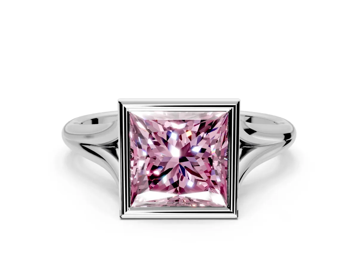 Solitaire Engagement Ring Setting for Fancy Pink Princess Cut Center with V Split Shank and Bezel Head in White Gold