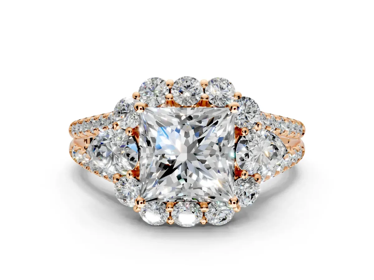 Halo Engagement Ring Setting for Princess Cut Center with Two-Strand Split Shank and Prong Head in Rose Gold