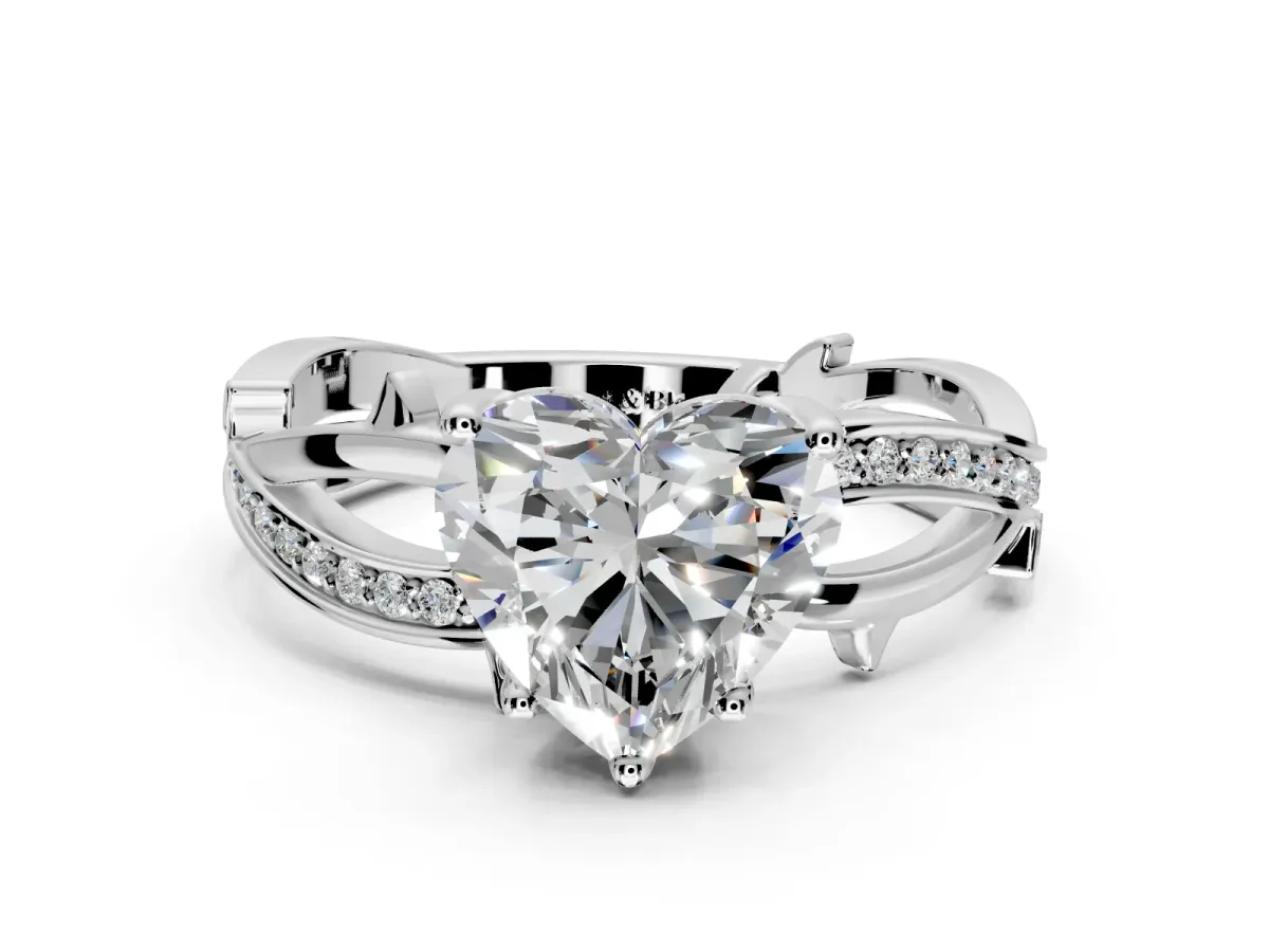 Solitaire Engagement Ring Setting for Heart-Shaped Center with Pave and Plain Crossover Band and Prong Head in Sterling Silver