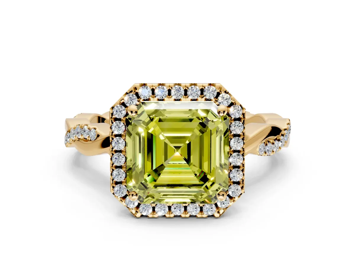 Halo Engagement Ring Setting for Fancy Yellow Asscher Cut Center with Pave and Plain Twist Band and Prong Head in Yellow Gold