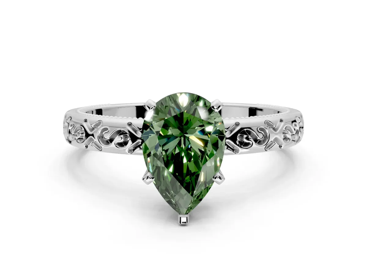 Solitaire Engagement Ring Setting for Fancy Green Pear-Shaped Center with Scrollwork Band and Prong Head in White Gold