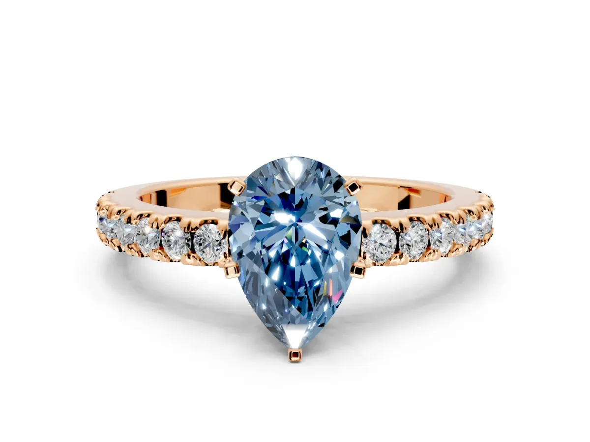 Solitaire Engagement Ring Setting for Fancy Blue Pear-Shaped Center with Single Row Accent Band and Prong Head in Rose Gold