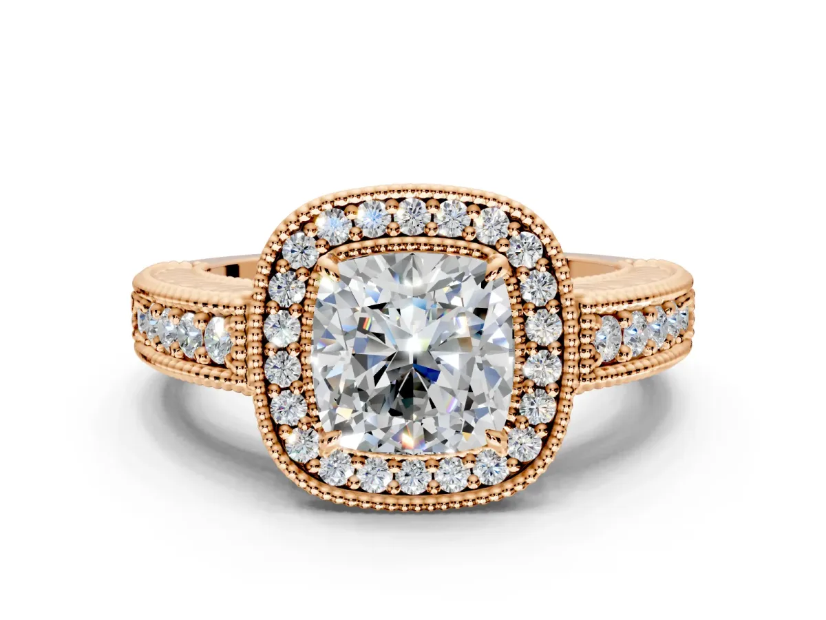 Milgrain Halo Engagement Ring Setting for Cushion Cut Center with Pave Band and Prong Head in Rose Gold