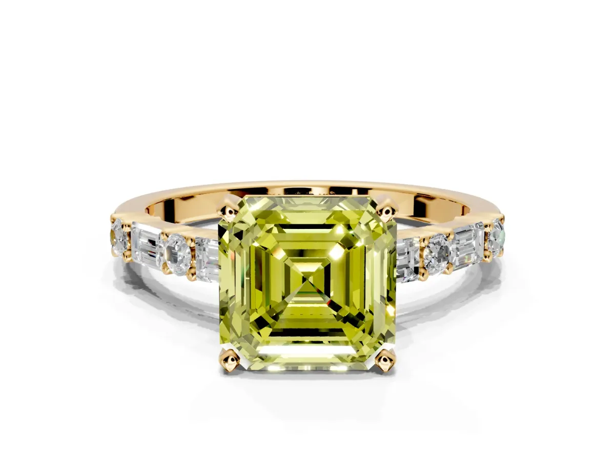 Baguette Engagement Ring Setting for Fancy Yellow Asscher Cut Center with Alternating Bar-Set Band and Prong Head in Yellow Gold