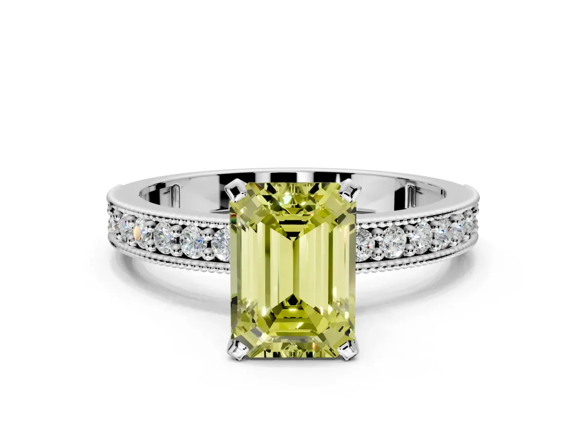 Milgrain Pave Engagement Ring Setting for Fancy Yellow Emerald Cut Center with Accent Band and Prong Head in Sterling Silver