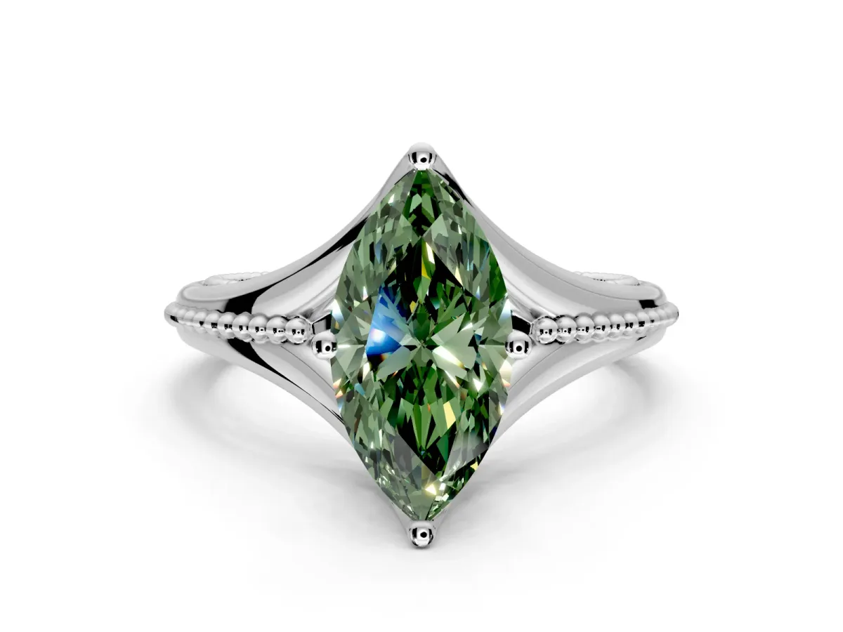 Solitaire Engagement Ring Setting for Fancy Green Marquise Center with Milgrain Cathedral Band and Prong Head in Sterling Silver