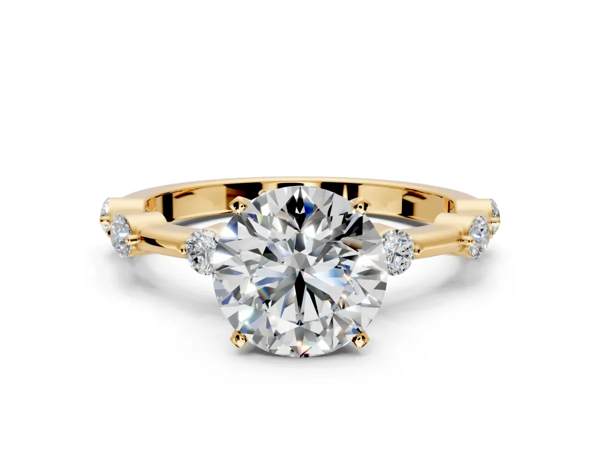 Solitaire Engagement Ring Setting for Round Cut Center with Bezel Station Band and Prong Head in Yellow Gold